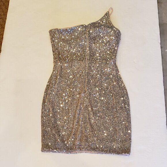 Xscape One Shoulder Silver Sequen Cocktail Evening Dress Size 6 - Picture 10 of 14